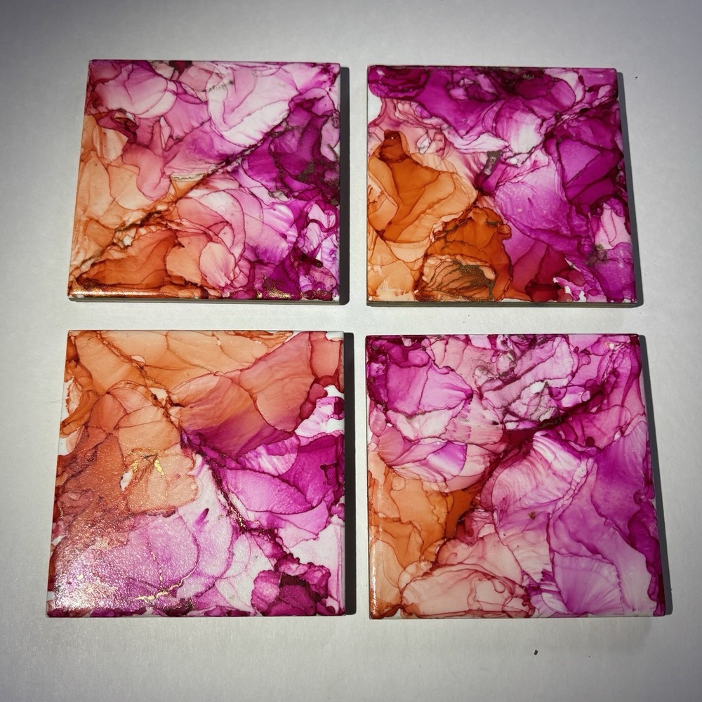 Handmade Alcohol Ink Tile Coasters (Set of 4) – Pink Orange Abstract Art Resin