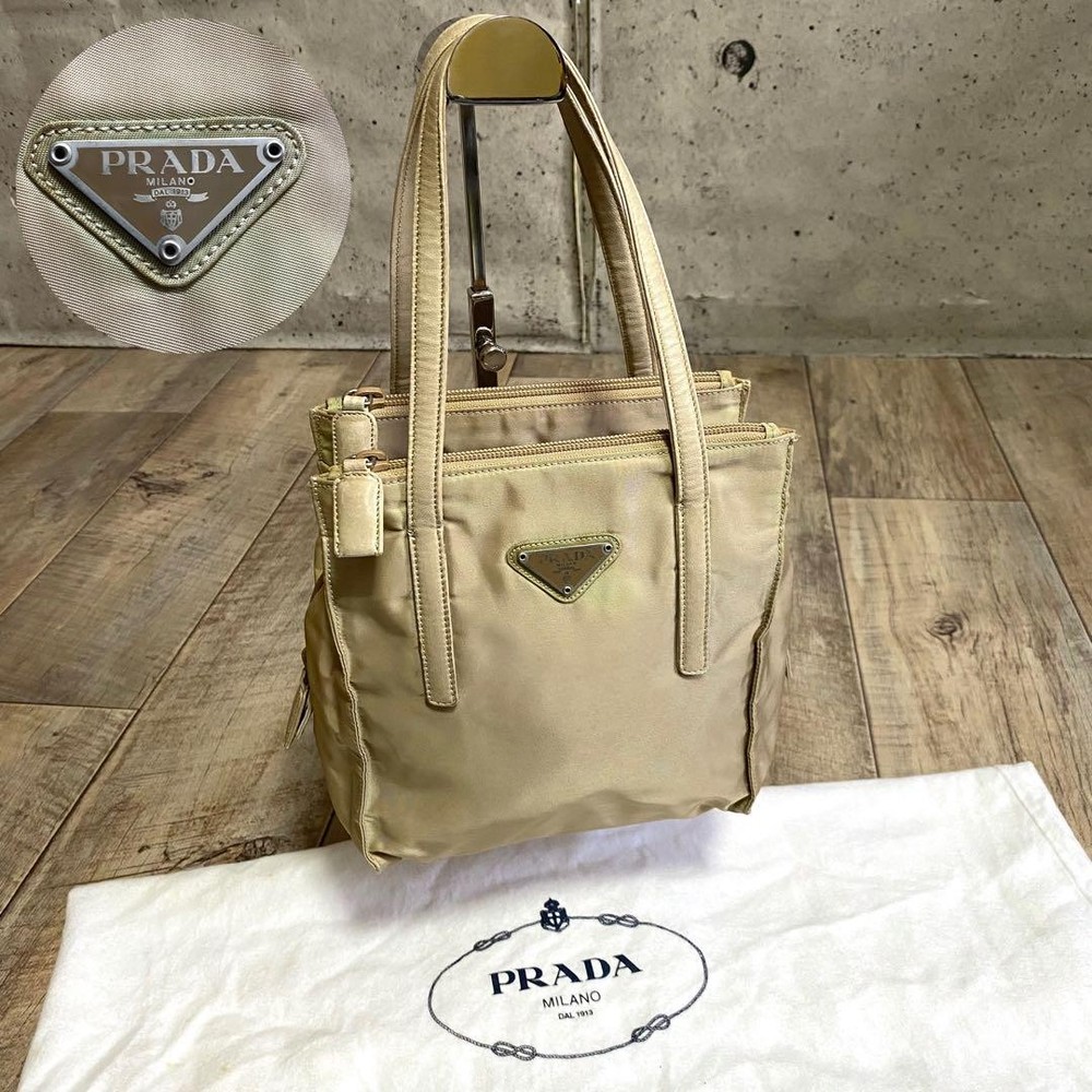 Prada Testo Nylon Handbag Triangle Logo Tote Bag Beige
