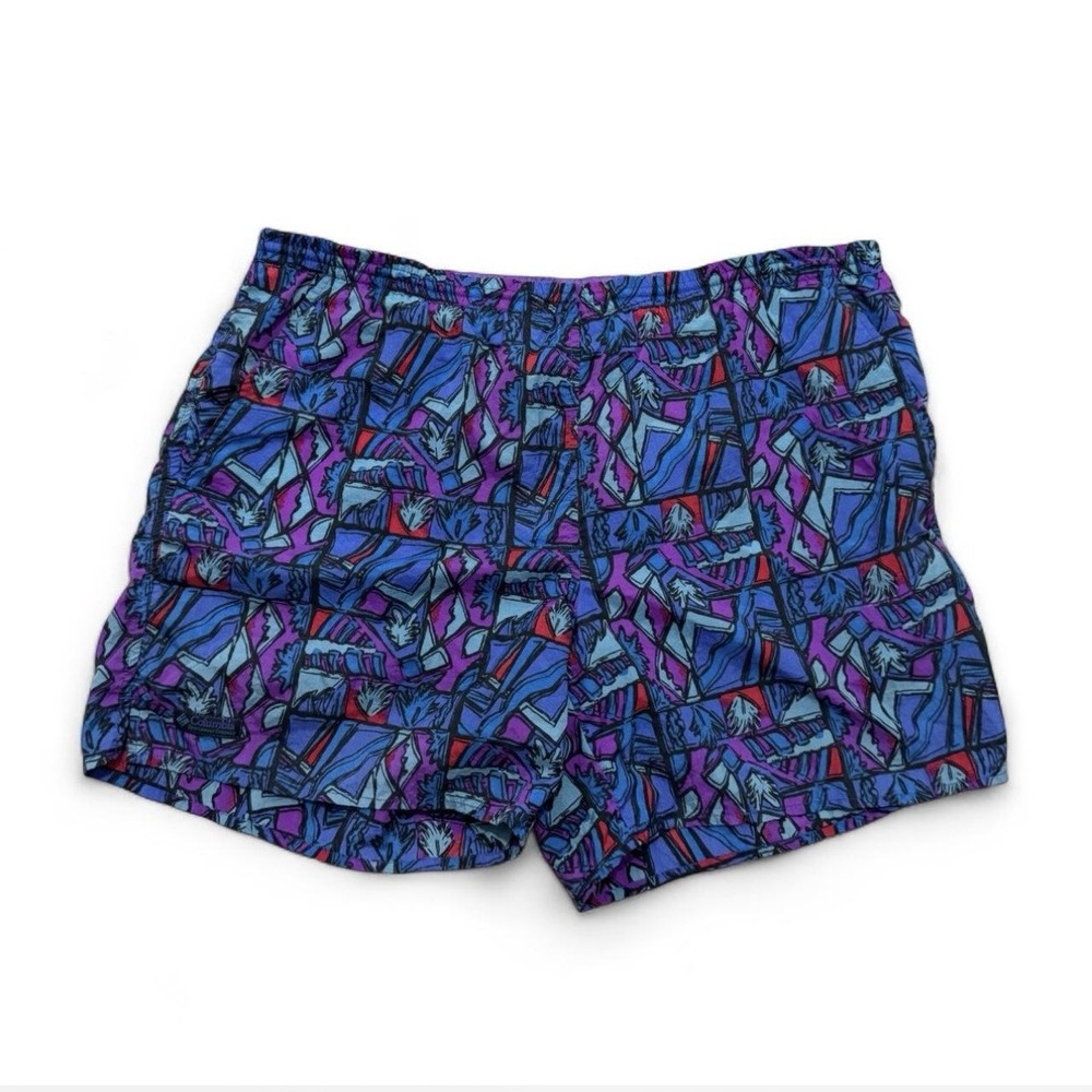 Vintage Columbia Men's Geometric Swim Shorts Blue Purple Mesh Lined Drawstring L