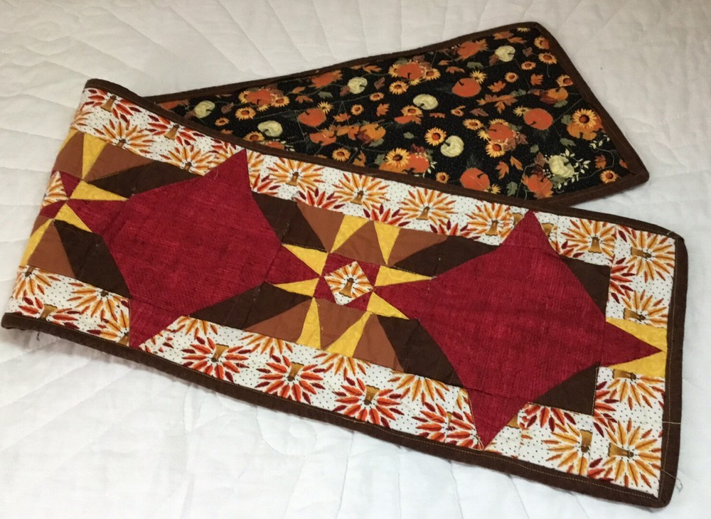 Patchwork Quilt Table Runner, Star Design, Red, Brown, Gold, Leaf Prints