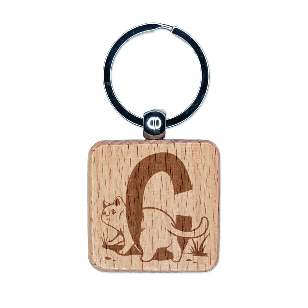 Animal Alphabet Letter C for Cat Engraved Wood Square Keychain Tag Charm
