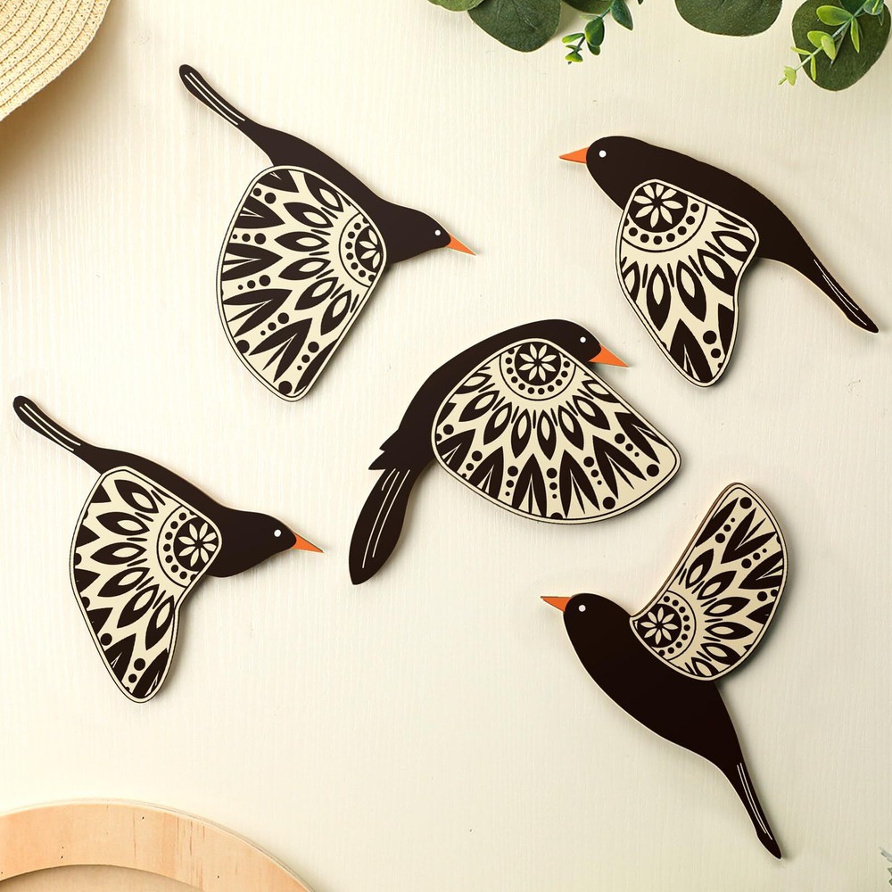 5 Pcs Wooden Bird Wall Art Wood Flying Birds Wall Decor Rustic Folk Art Wall ...