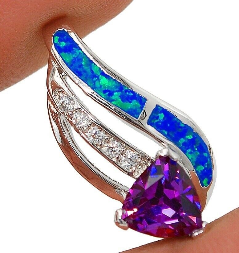 1CT Amethyst & Australian Opal Inlay 925 Sterling Silver Pendant Jewelry EO4