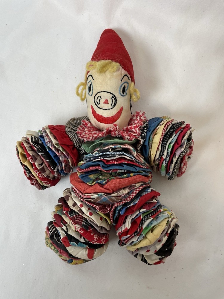 Vintage Handmade Yo Yo Clown, Jester Doll With Silver Bells, Red Pointy Hat