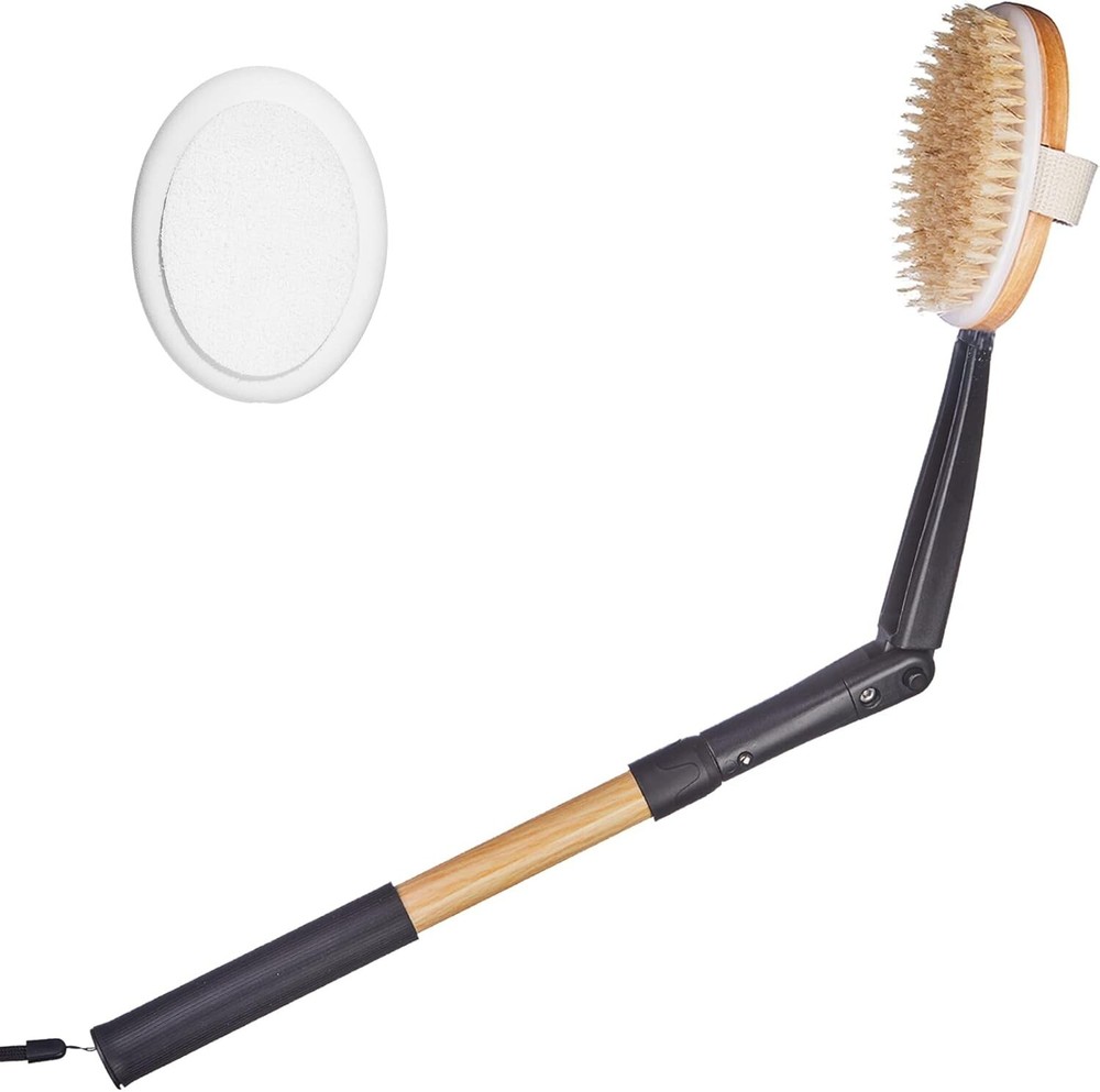 Long Handle Bath Body Brush & Lotion Applicator for Back Natural Wood