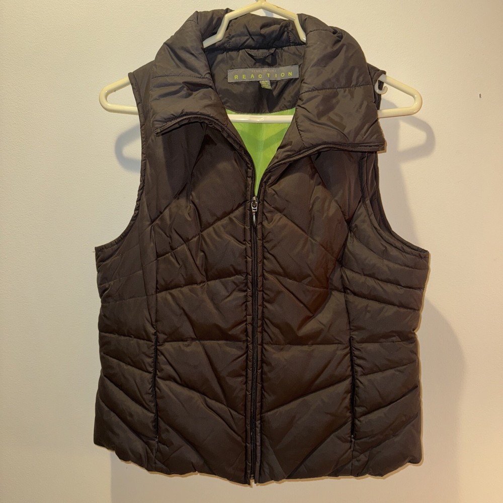 Kenneth Cole Reaction Womens Brown Lime Full Zip Down Puffer Vest Size M-image