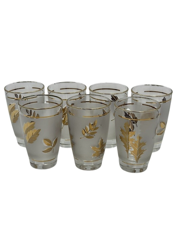 Vintage Mid Century Modern Libbey Gold Leaf Tumbler Glasses Set of 7