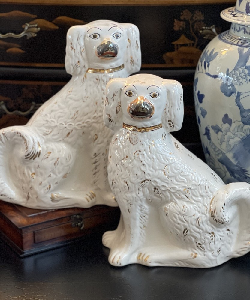 Gorgeous XL 19C White English Staffordshire Spaniel Hunt Mantle Dog Pair 12.5”