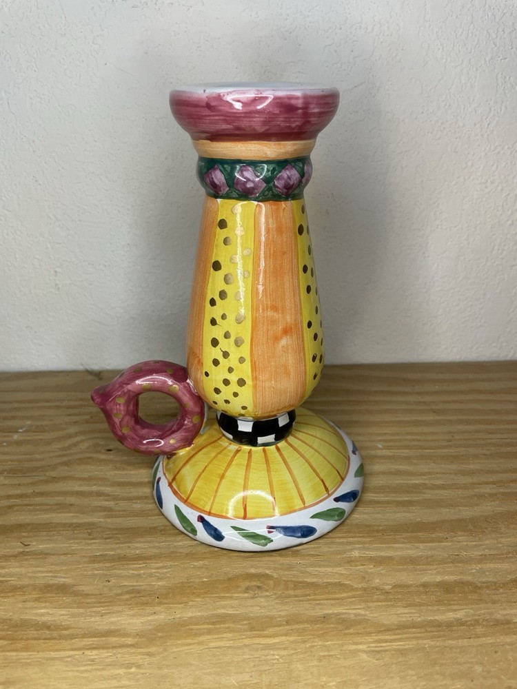 Ceramic Candlestick Holder McKenzie Childs Inspired Hand Painted Whimsical Decor