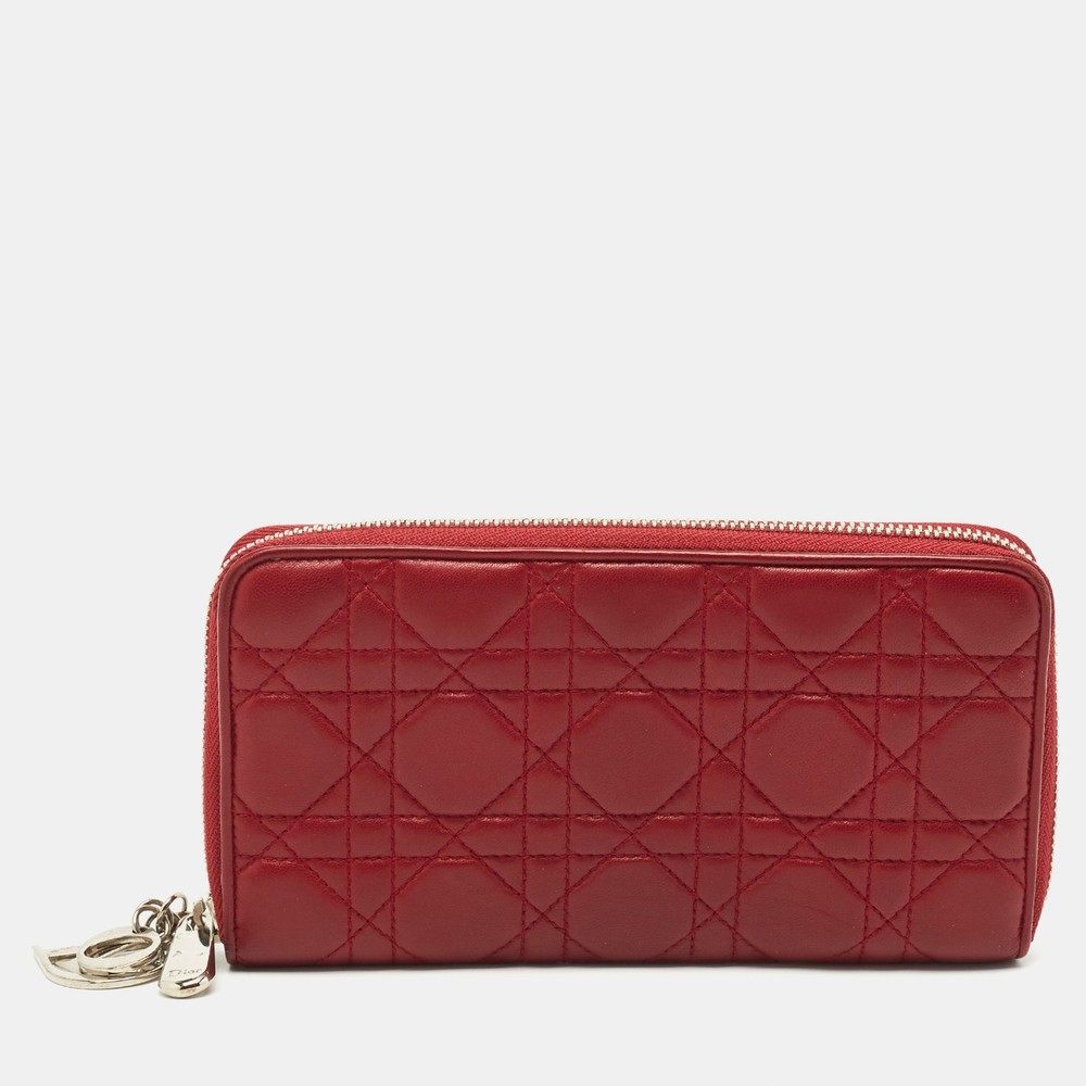 Dior Red Cannage Leather Lady Dior Zip Wallet