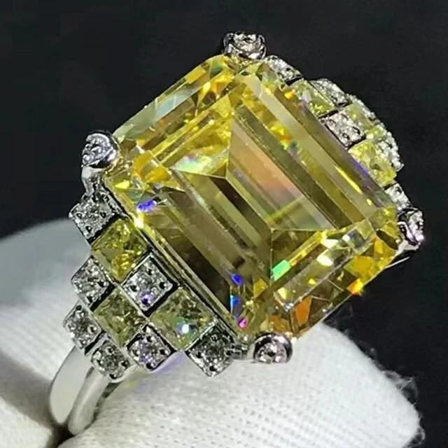 5 Carat Emerald Cut Moissanite Yellow VVS Side stone Plain Shank Silver Ring