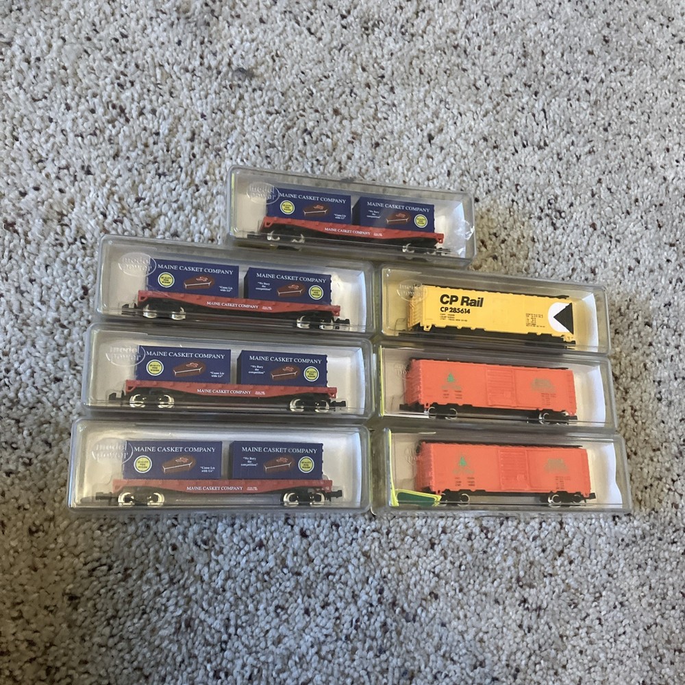 Lot of 7 N Scale Model Power Maine Casket Company Flat Cars & Box Cars OG Boxes