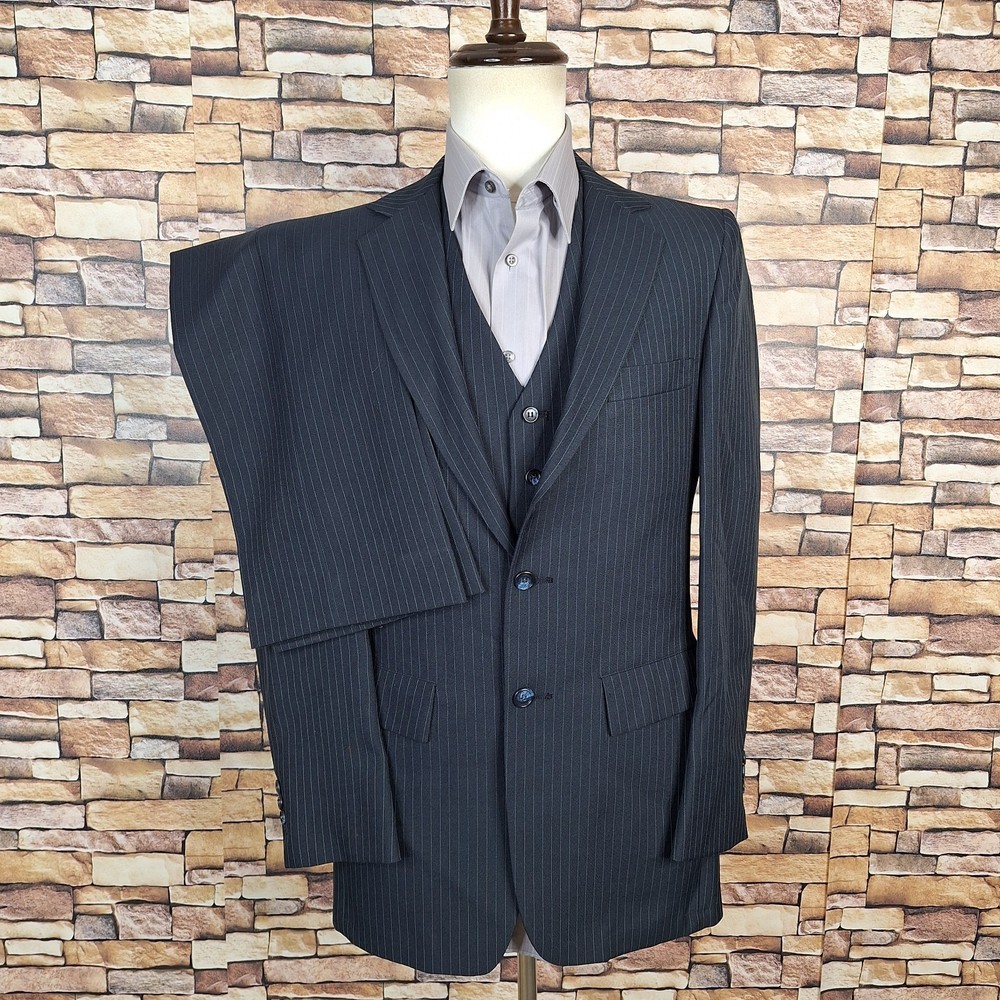 The Mens Store 3 Piece Suit Mens 38L Trousers 30X32 Black Stripe Vintage