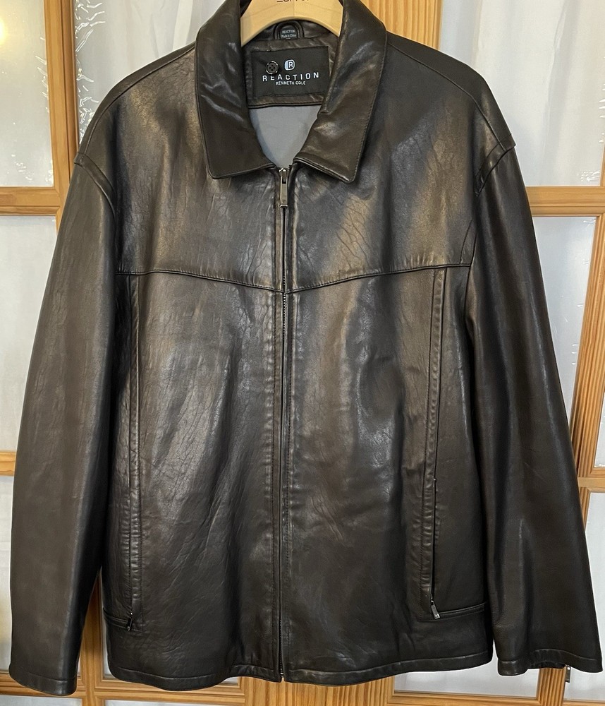 Vtg Kenneth Cole Reaction Bikers Jacket Mens XL Black Leather Full Zip Pockets-image