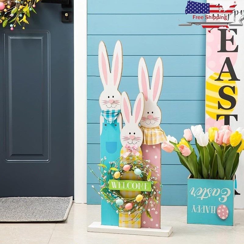 Wooden Bunny Family Welcome Sign Porch Decor Easter Indoor Outdoor Display New