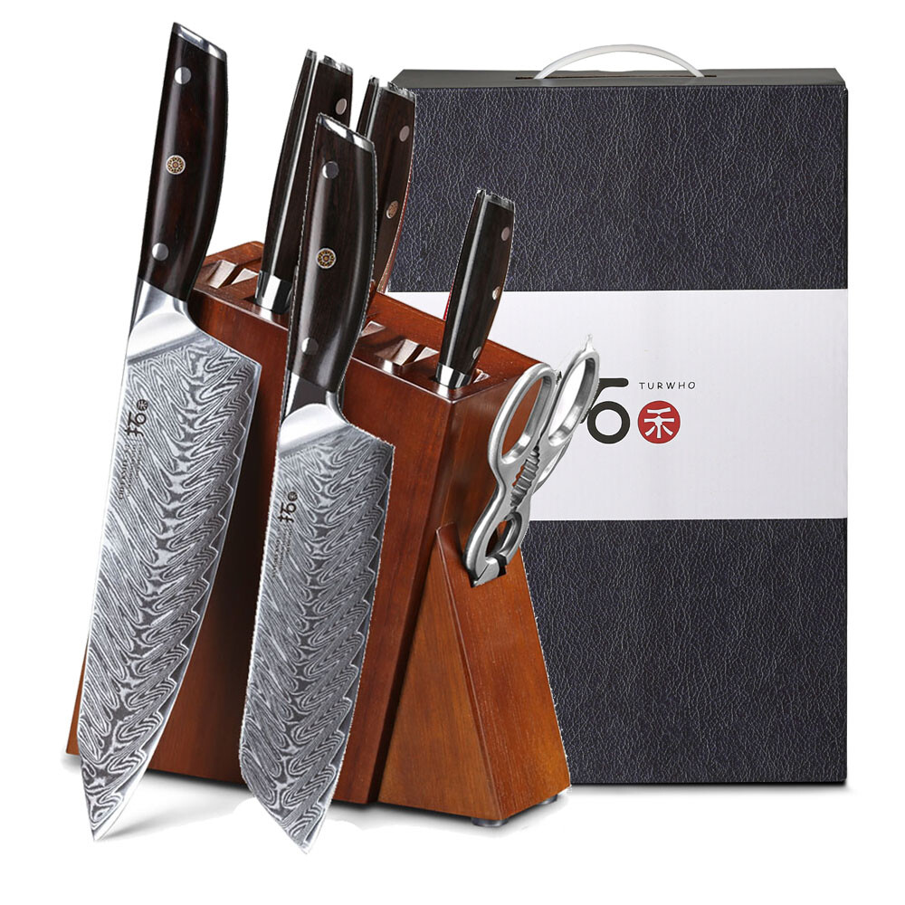 7-Piece TURWHO Damascus Steel Santoku Knife Set with Ebony Handle Block