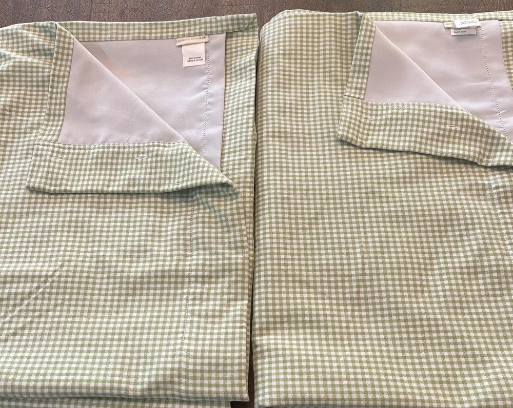 Pottery Barn Kids Curtain 2 Panels Green Gingham Lined 44 x 63 Blackout EUC