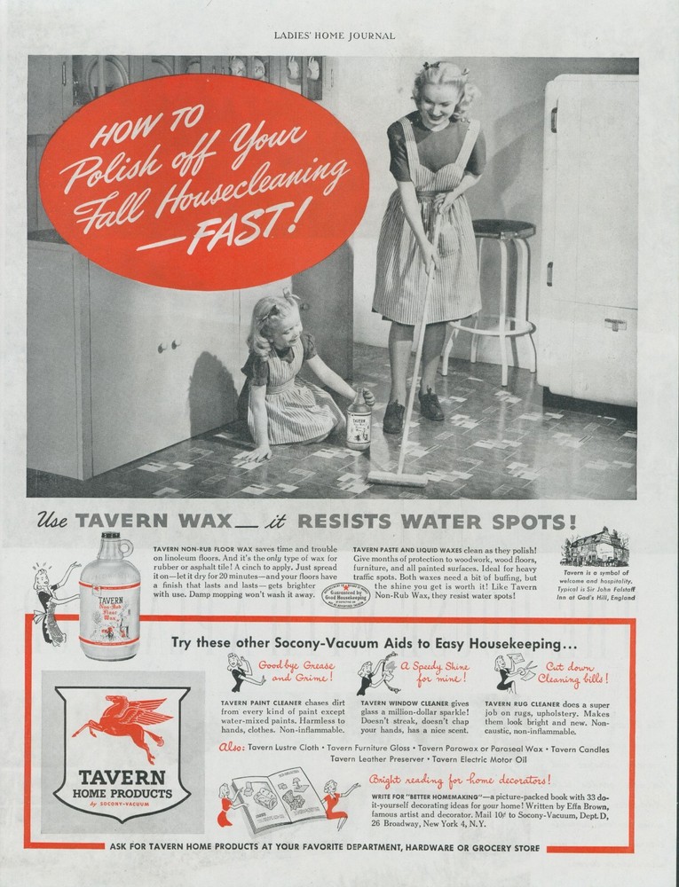 1944 Tavern Floor Wax Pegasus Kitchen Girl Helping Mother Vintage Print Ad LHJ1