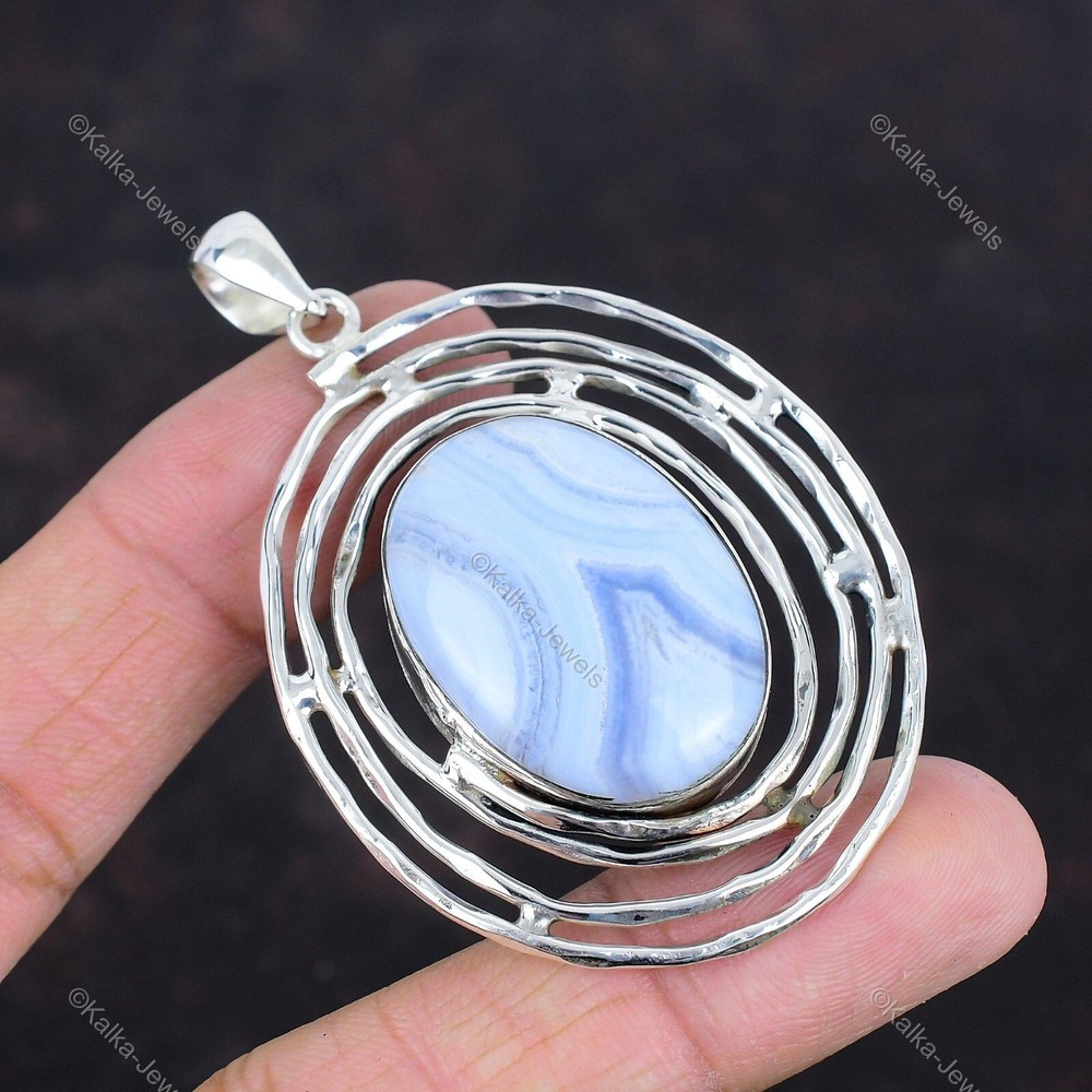 Blue Lace Agate Sister Pendant in 925 Silver – Christmas Sale Jewelry-image