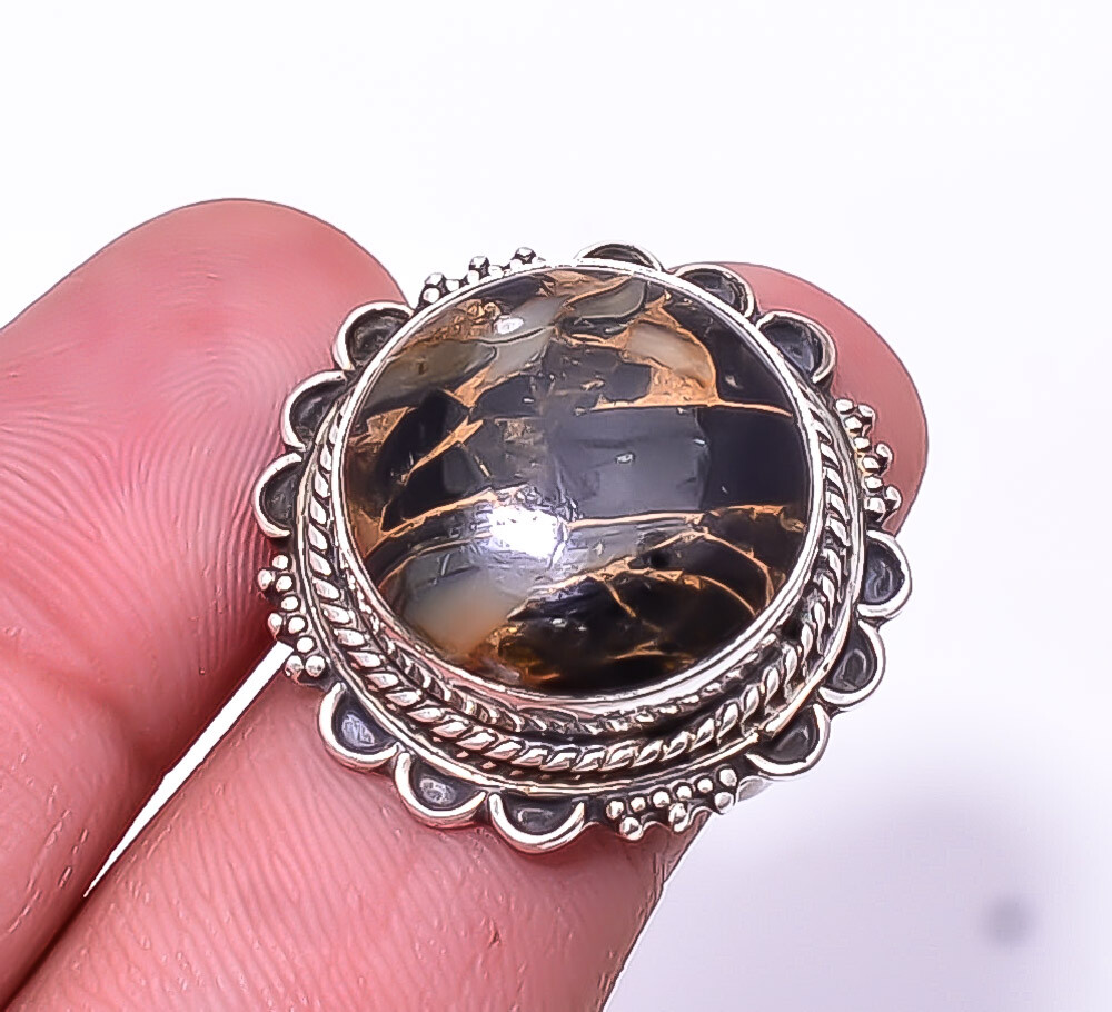 Copper Black Obsidian Fine Art Oxidised 925 Sterling Silver Ring S.6 R94322171