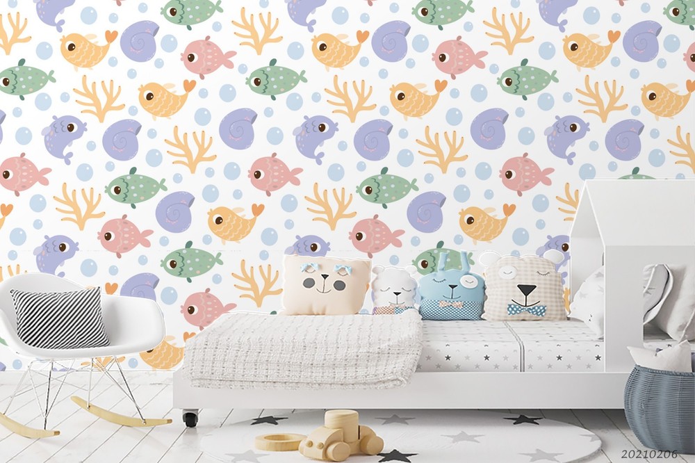3D Coral Seashells Fish Pattern Wall Murals Wallpaper Murals Wall Sticker
