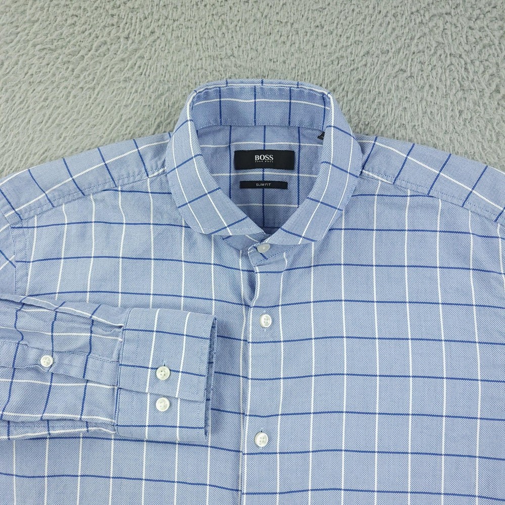 Hugo Boss Dress Shirt Mens 15.5 34/35 Blue Check Slim Fit Long Sleeve Button