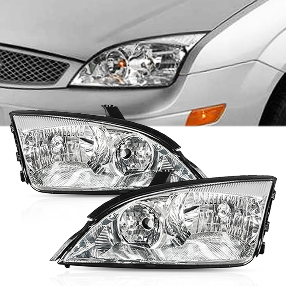 Headlights Lamps Chrome Housing Clear Lens Left & Right for 2005-2007 Ford Focus
