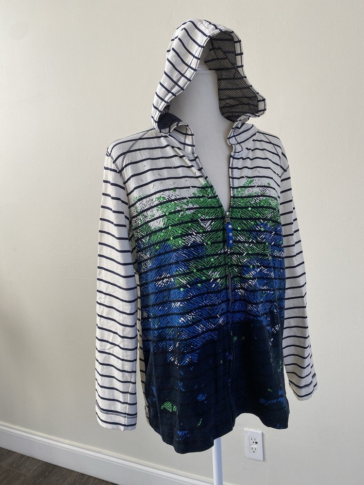 Casual Studded Striped Full Zip Hoodie for Women Size XL 1XL