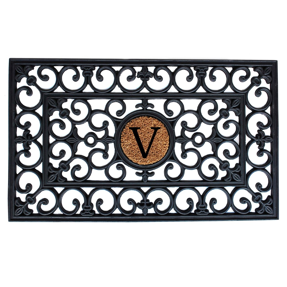 150011830V 18x30 Rubber Monogram Doormat Featuring Stylish Letter V Design for Personalized Home Entryway Decor