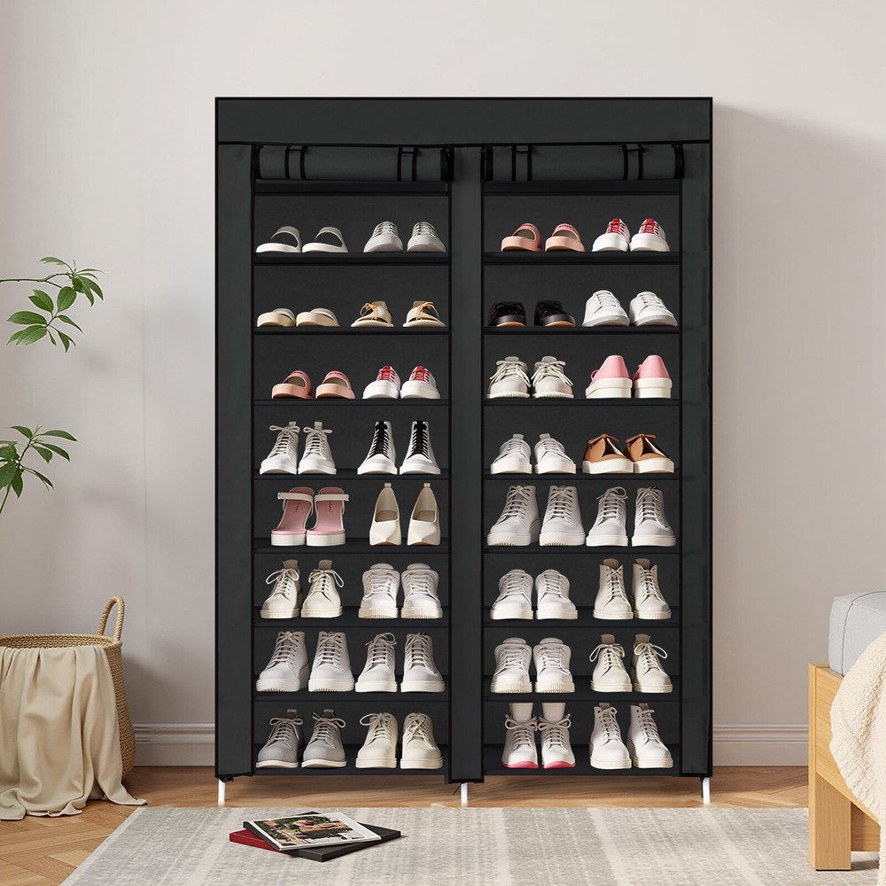 Double Row 10-Tier Black Shoe Cabinet with Iron Frame and Non-Woven Fabric-image