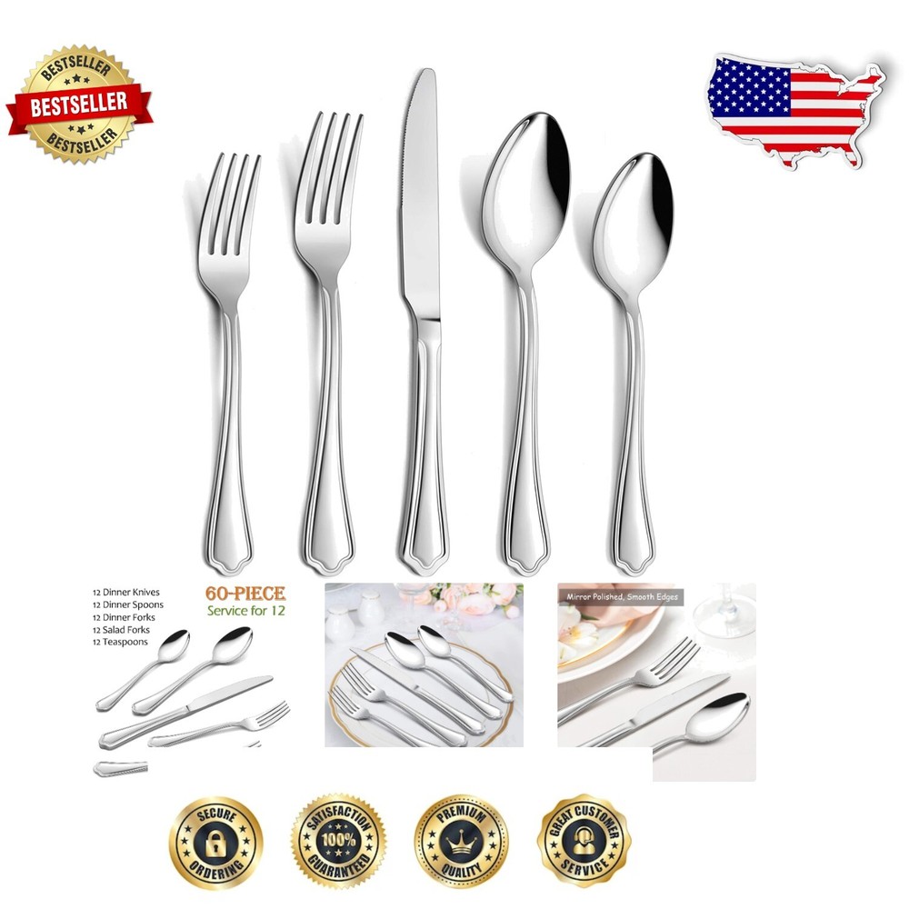 Stainless Steel 60-Piece Dining Cutlery Set - Dishwasher Safe & Elegant Design