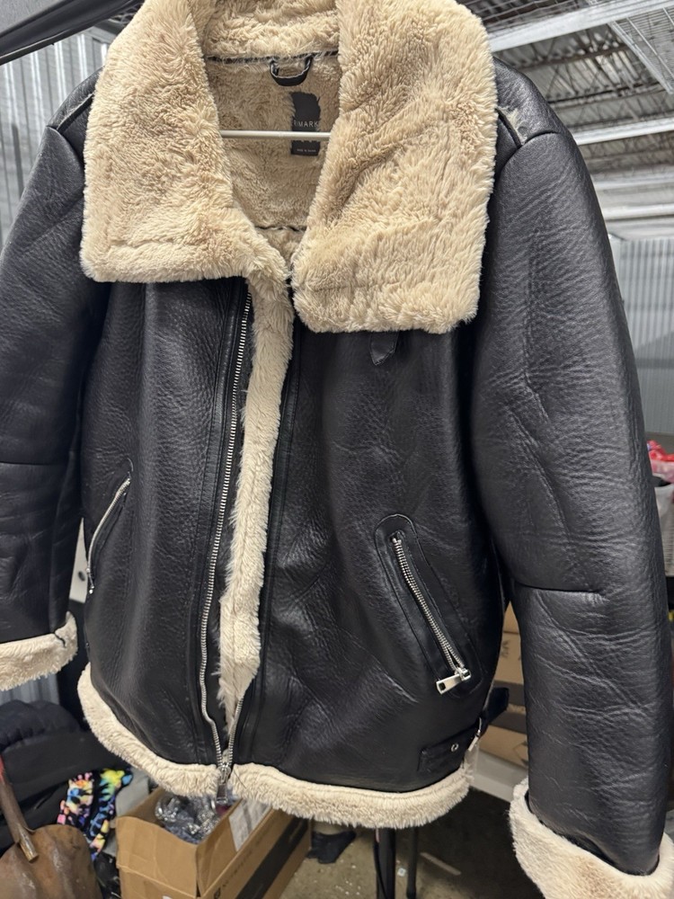 Men’s Dark Brown Faux Leather Aviation Jacket Sherpa Lining Size  XL