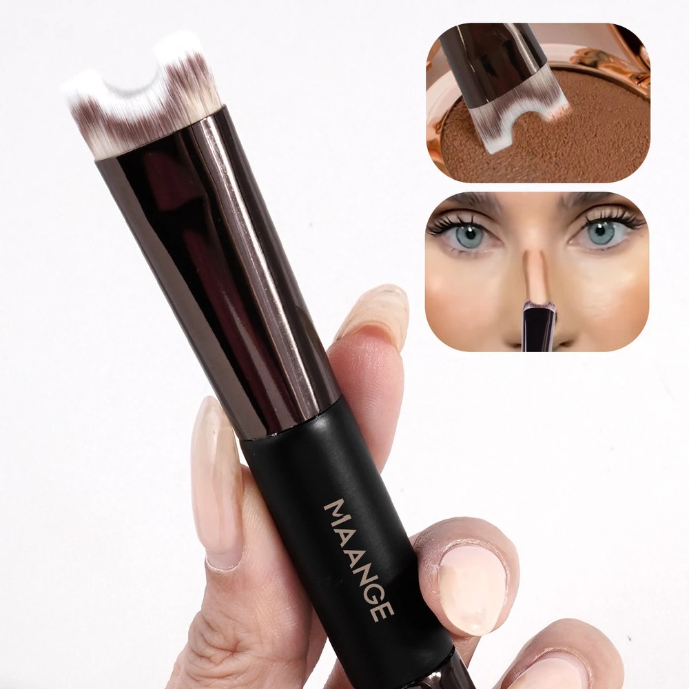 Dual-purpose makeup brush for sculpting and defining the contours of the nose.