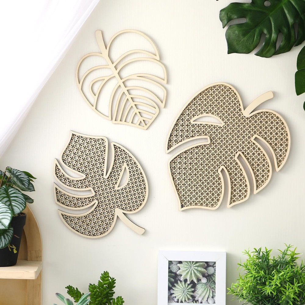 Rattan Palm Leaf Wall Decor Wood Set of 3