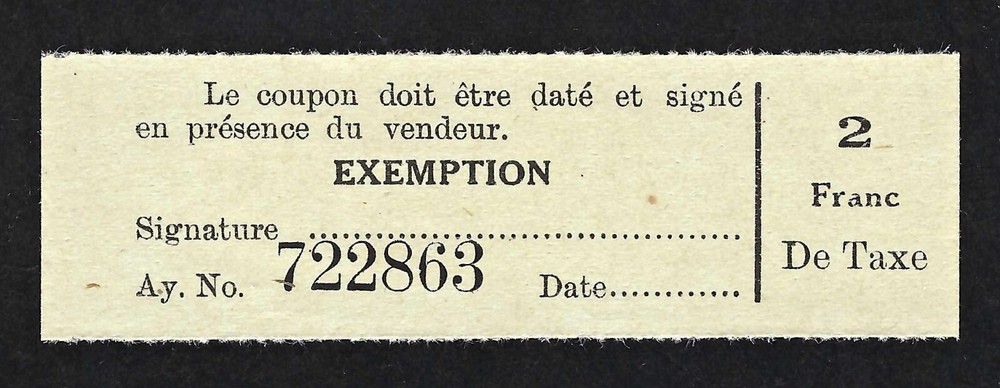 WWI French Tax Exempt Coupon for Enlisted Soldiers - 2 Franc Value-image