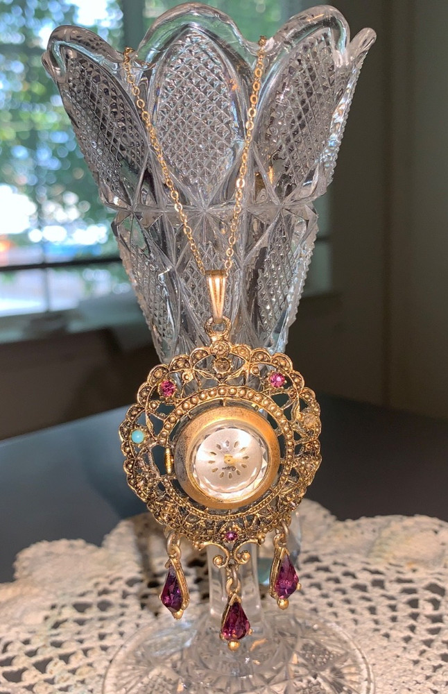 Vintage Filigree Pendant Watch Necklace Rhinestones Statement Jewelry Repair