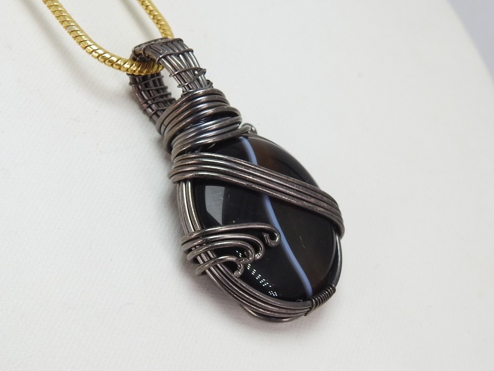 Black Strip Agate Brass Pendant Silver Oxidised Polished Wire Wrapped Jewelry