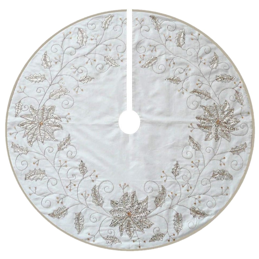 Kurt Adler Christmas Tree Skirt w/ Embroidered Snowflake Design, Ivory, 54in
