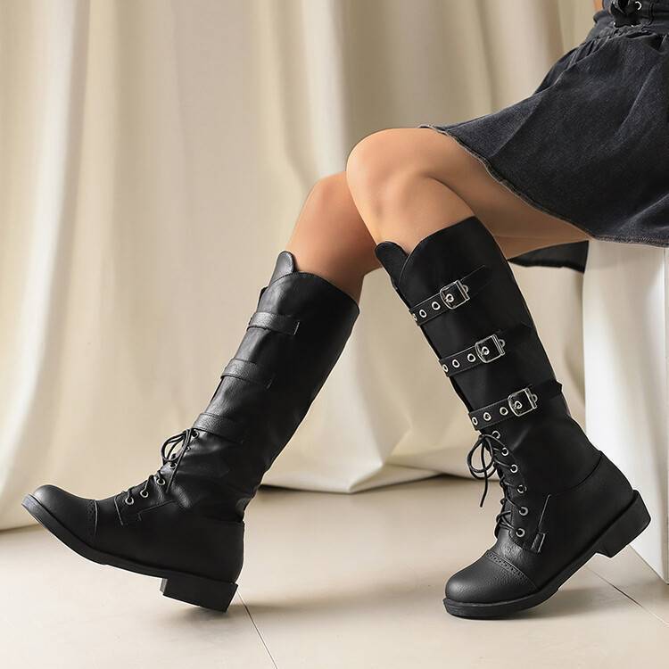 Buckle Riding Boots Women's Flat Lace Up Knee High Boots Outdoor Biker Shoe