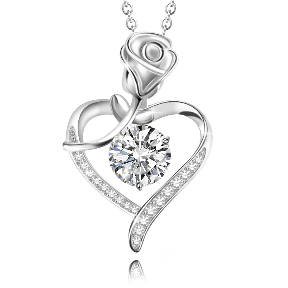 Rose Heart Necklace for Women 925 Sterling Silver Heart Birthstone Pendant Ne...