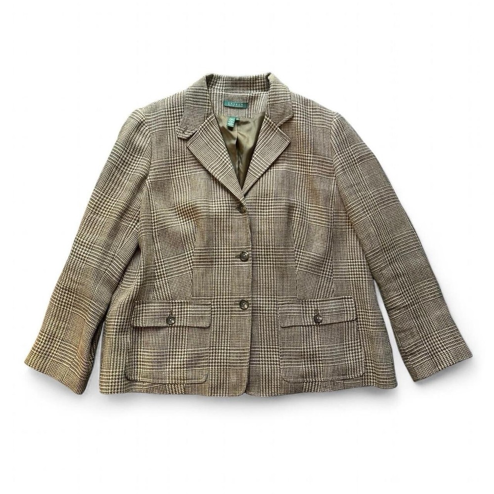 Vintage Lauren Ralph Lauren Equestrian Tweed Plaid Button Linen Blazer Sz 18w