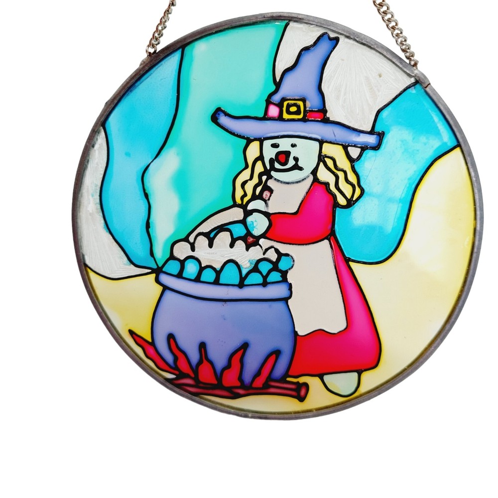 Halloween Stained Glass Witch Cauldron Suncatcher Round READ