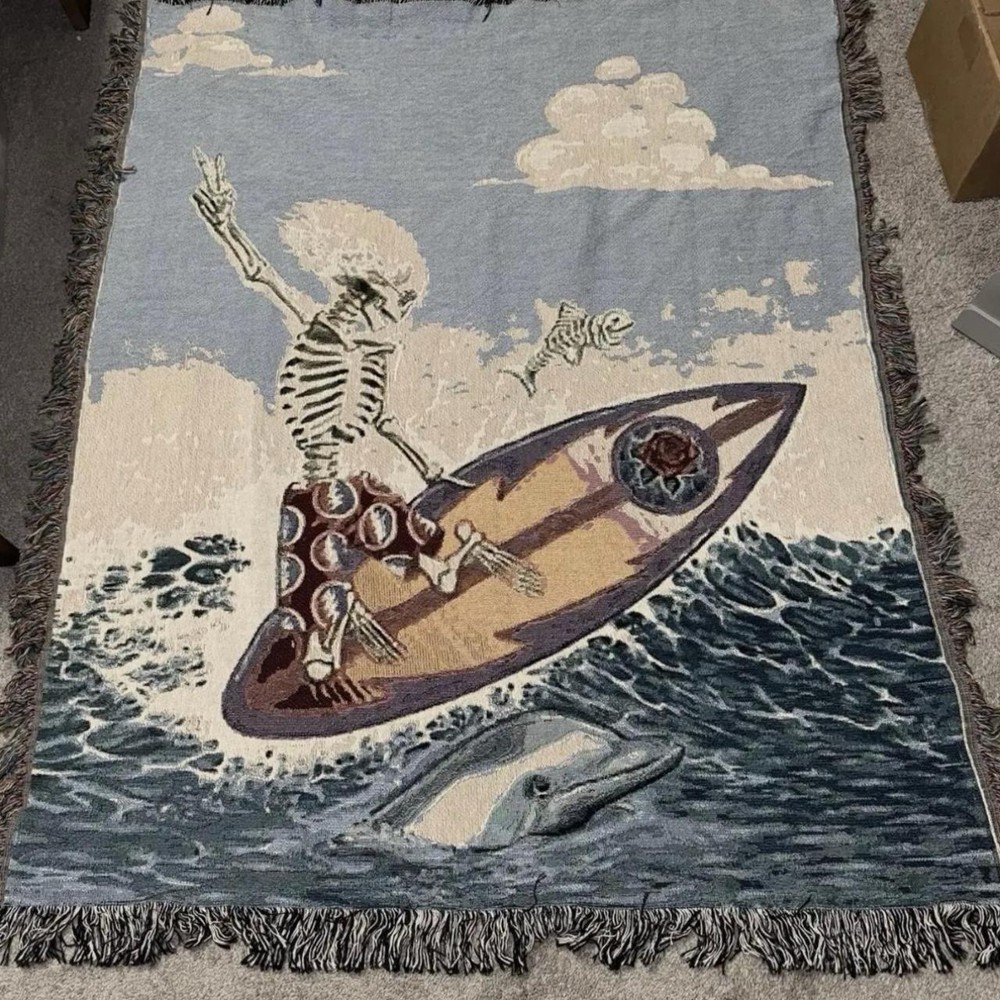 Grateful Dead Surfing Skulls Vintage Woven Throw Blanket Jerry California 60x50