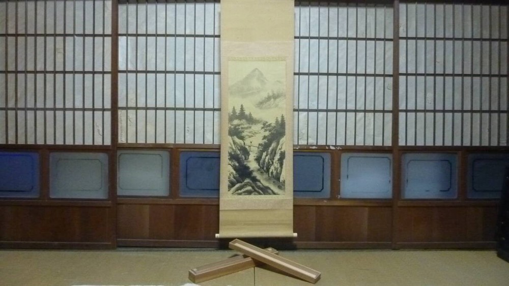 Old Japanese House, Koume, Ink Painting, Hanging Scroll, Torn, Dirt, With Wooden