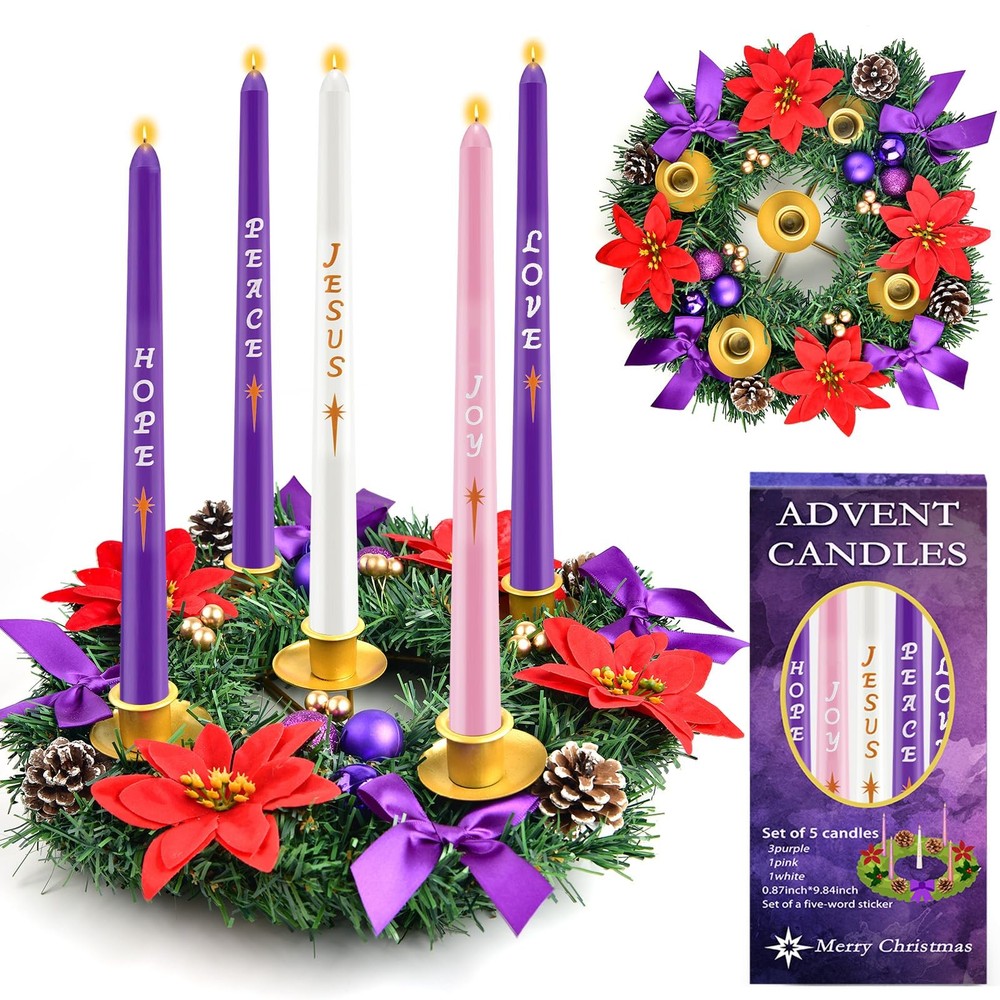 12in Christmas Advent Wreath 5 Candle Holder with Candles, Metal Cups for Tap...