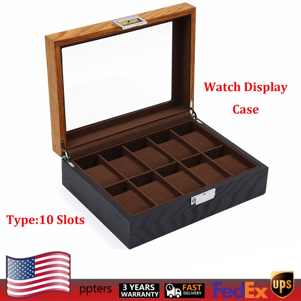 6-Slot Wooden Watch Box with Glass Top Jewelry Organizer USA