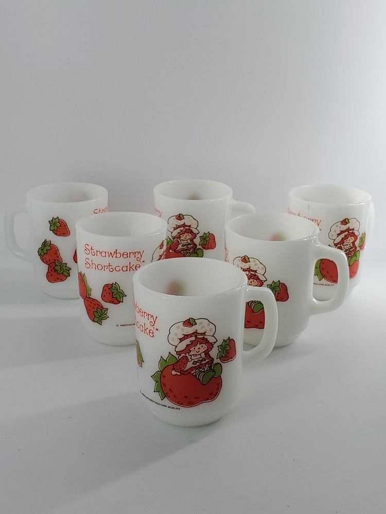 Set Of 6 Vintage STRAWBERRY SHORTCAKE 10 oz Milk Glass Mugs, Anchor Hocking