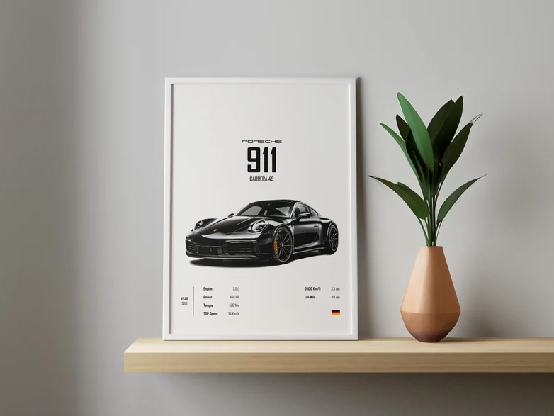 Porsche 911 992 Carrera 4S Digital Wall Art Car Portrait Poster Print