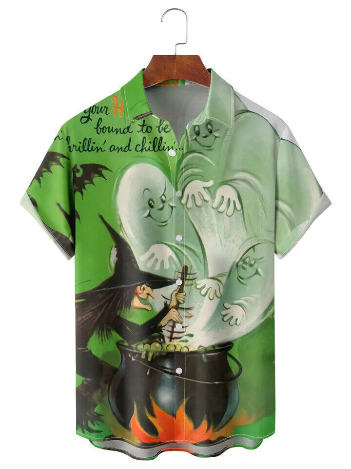 Hallowen Ghosts Witches Mixing Potions 3D Hawaiian Shirt with Pockets Sizes S to 5XL