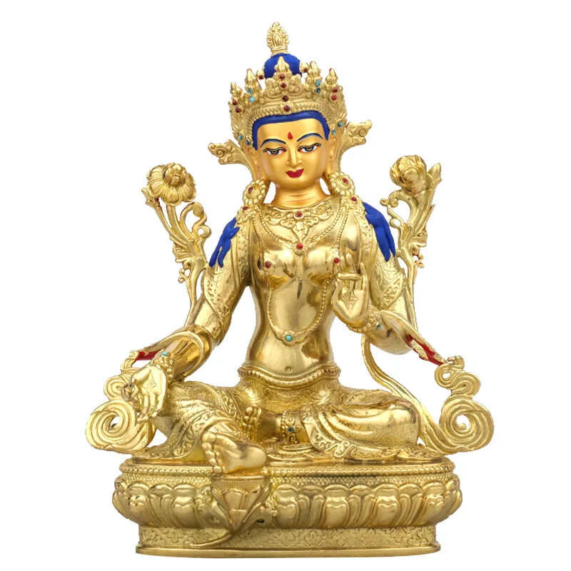 Copper Brass Gilding Green Tara Buddha Statue Tibet Nepal Guanyin Goddess Statue